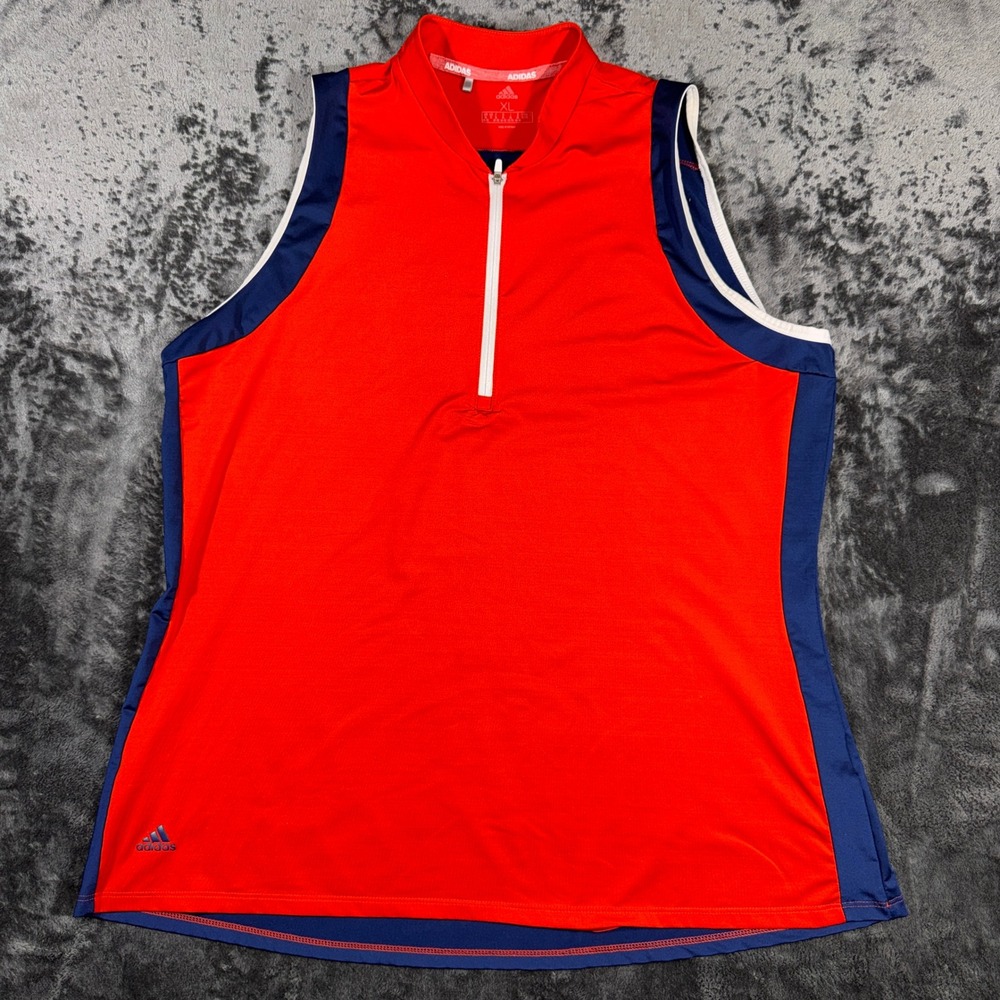 Adidas Womens XL Golf Polo Sleeveless Shirt Red Navy Blue Quarter Zip Athletic